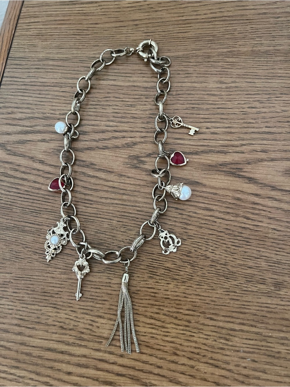 Gold-Tone Charm Tassel Necklace with Red and Opal Accents